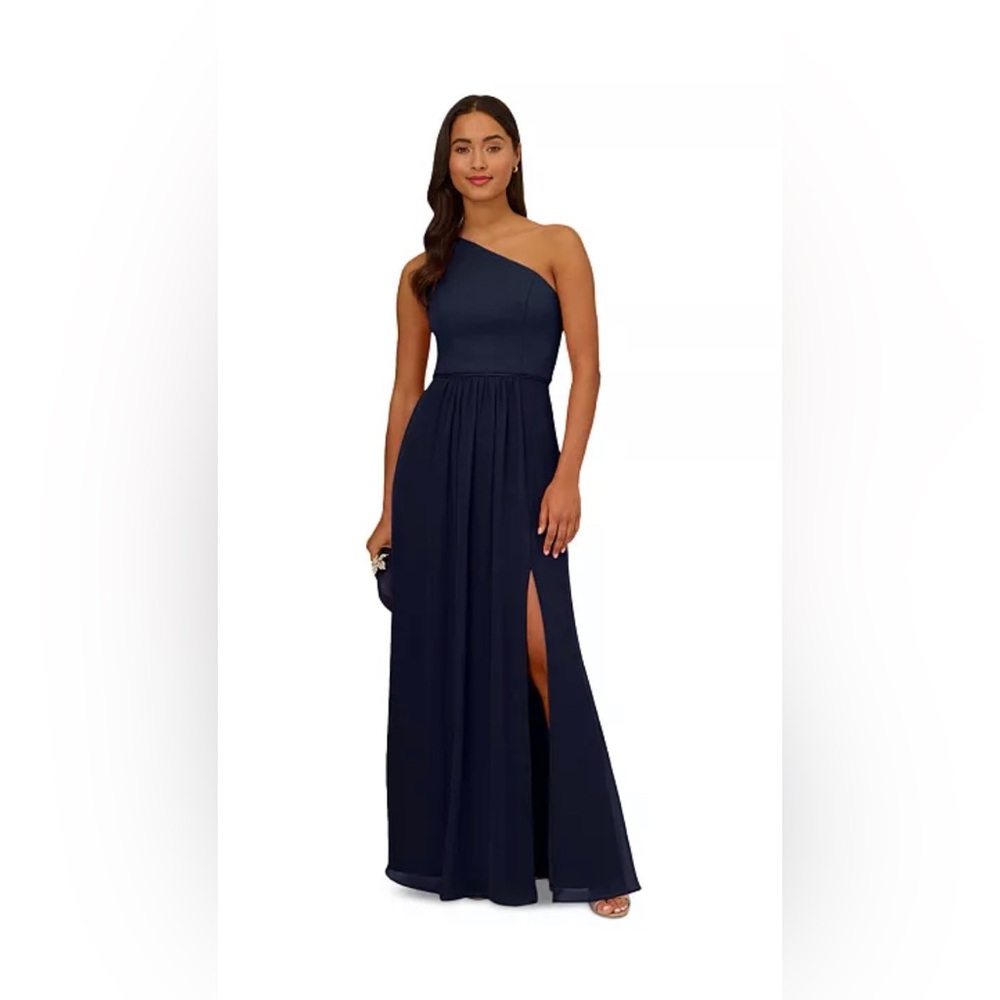 Adrianna Papell Womens Blue Chiffon One-Shoulder Lined Sheer Gown Dress